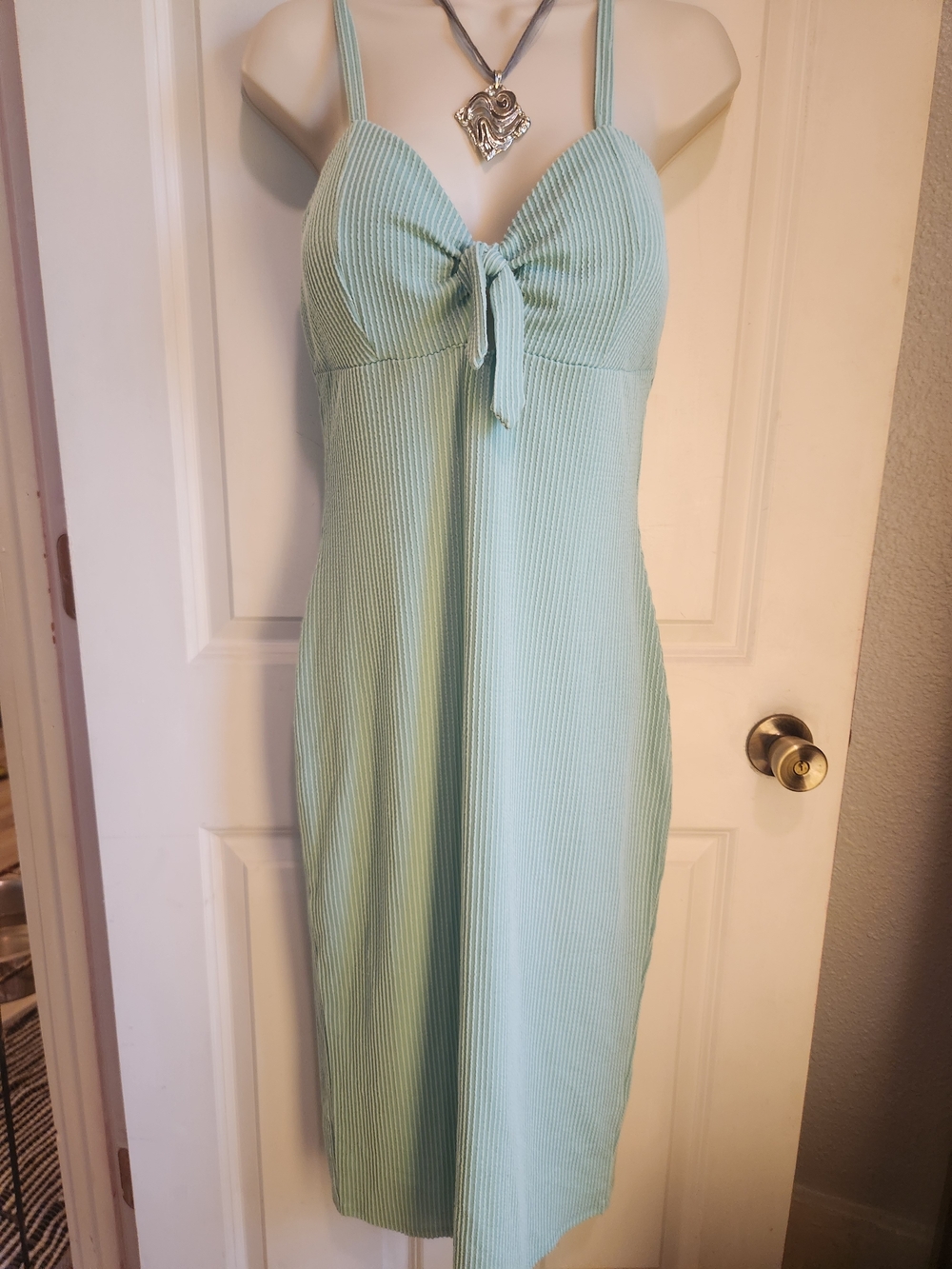 Derek Heart Mint Ribbed Tie-Front Midi Dress